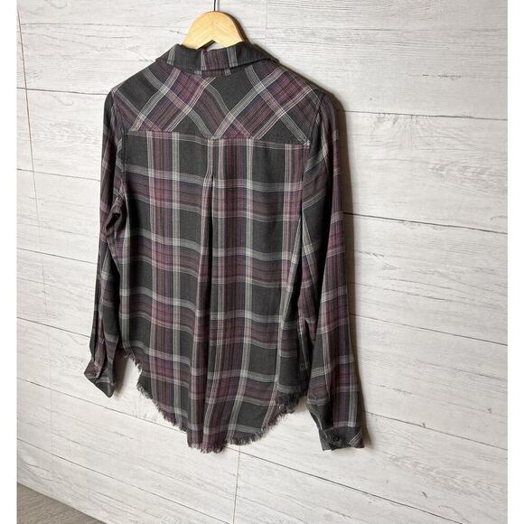 Anthropologie Cloth & Stone Top Womens Size Medium Gray & Pink Plaid Flannel - Picture 14 of 16